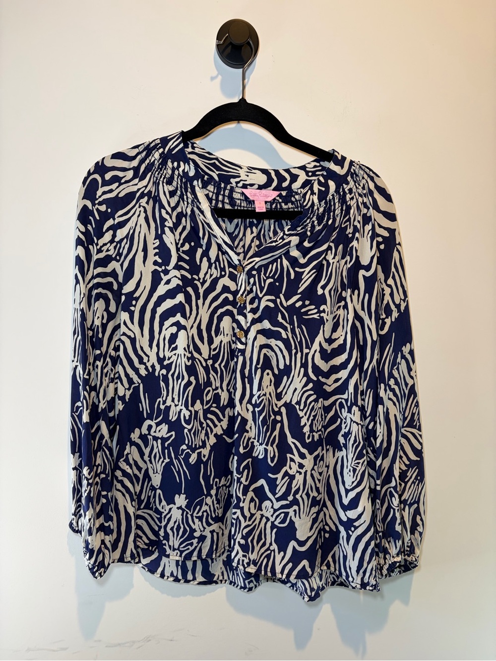 Lilly Pulitzer Navy and White Printed Long-Sleeve Blouse